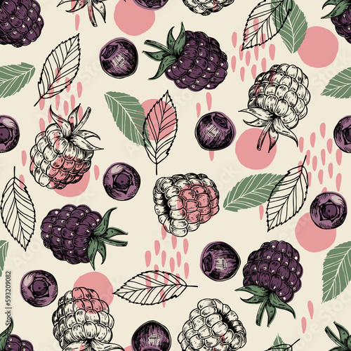 Murais de parede Seamless vintage pattern with blueberries and blackberries