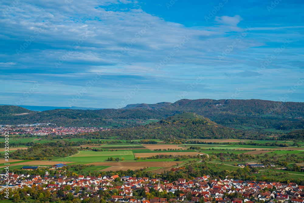 Germany, Panorama aerial drone view limburg mountain kirchheim swabian alb nature landscape near stuttgart sunny day autumn season colorful