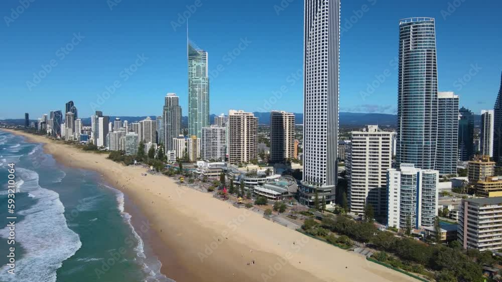 Aerial drone view of the iconic Gold Coast Beach at Surfers Paradise on the Gold Coast of Queensland, Australia on a sunny day Aerial drone view of the iconic Gold Coast Beach at Surfers Paradise on the Gold Coast of Queensland, Australia on a sunny day