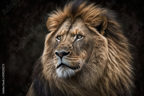 Male lion The male lion has a mane that makes it stand out, and its visage is one of the most well known animal icons in human culture. Generative AI © Vusal