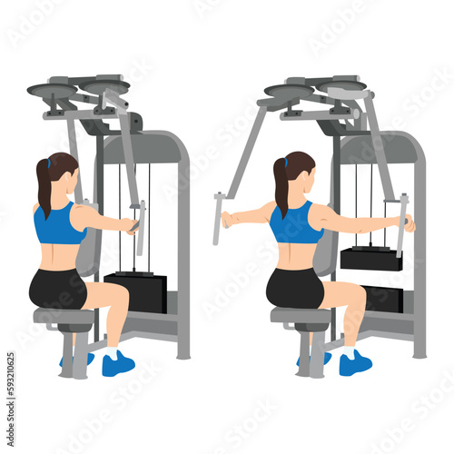 Woman doing rear delt machine flyes exercise.
