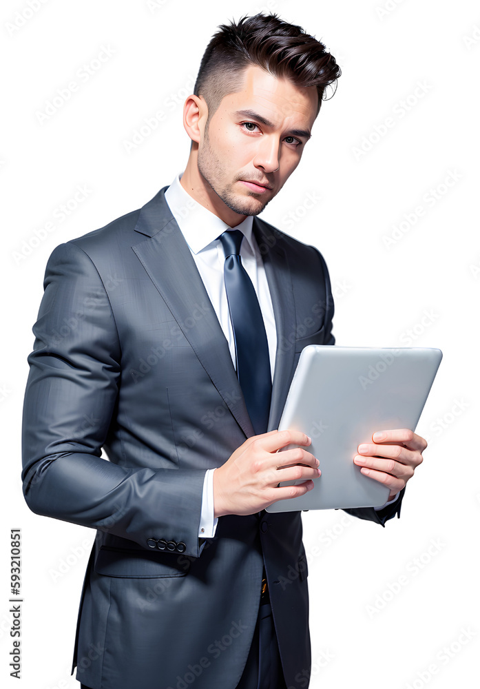 Young handsome business man dressed in formal clothes using tablet isolated on white background.Generative AI . Young handsome business man dressed in formal clothes using tablet isolated on white background.Generative AI .