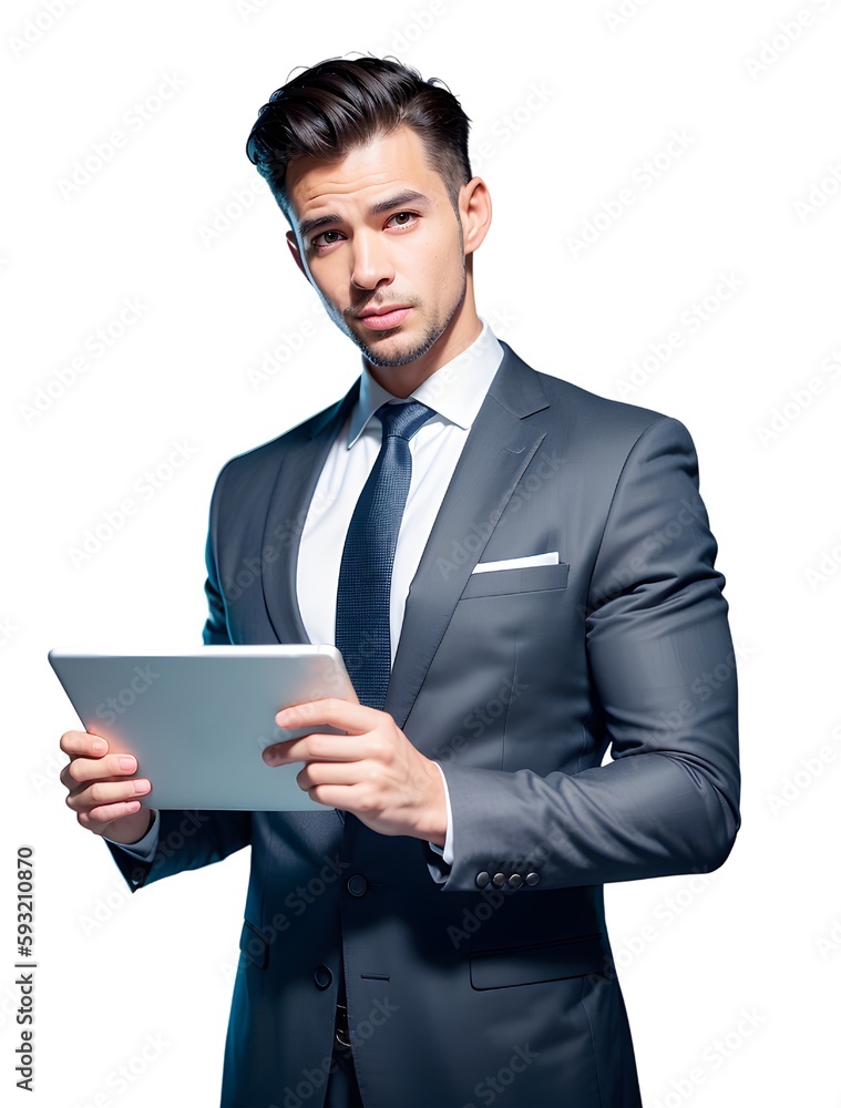 Young handsome business man dressed in formal clothes using tablet isolated on white background.Generative AI . Young handsome business man dressed in formal clothes using tablet isolated on white background.Generative AI .