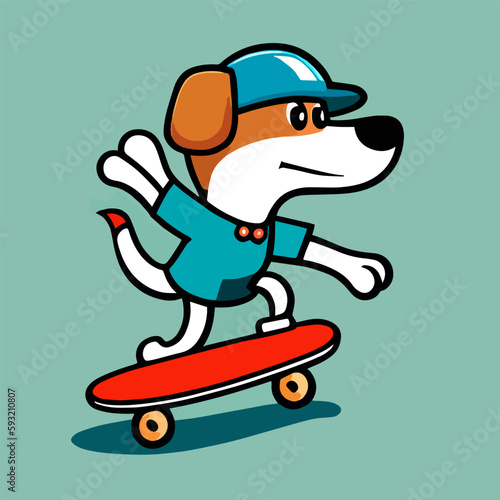 Cute mascot for a dog playing skateboard with a happy expression, flat cartoon design for animal games. Suitable for landing page, cards, books design