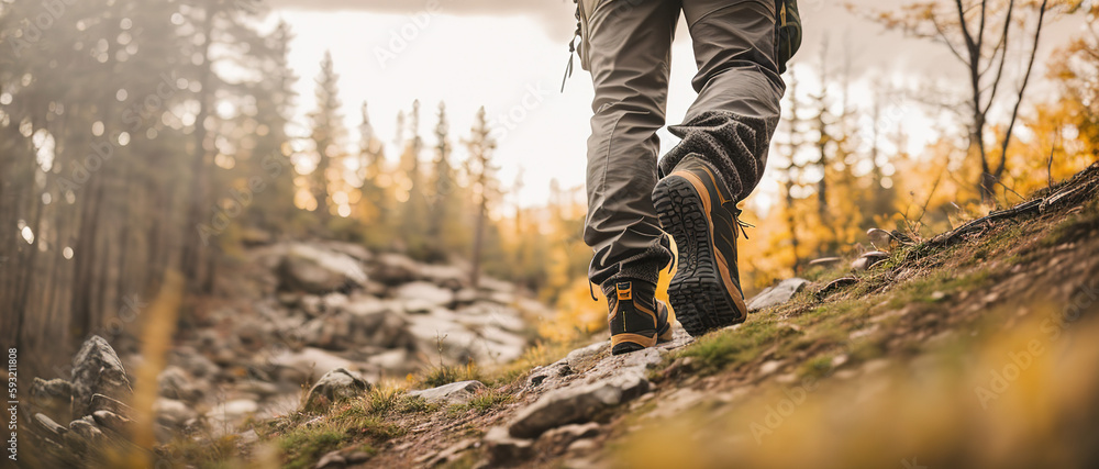 Close-up of the trekking shoes of a hiker crossing a mountainous area at the top of a hill. Generative AI. Close-up of the trekking shoes of a hiker crossing a mountainous area at the top of a hill. Generative AI.