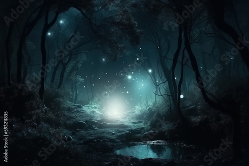 A gloomy fantasy forest at night. Generative AI © Felix