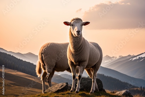 Sheep grazing in alpine meadows and units with mountain nature. Generative AI.