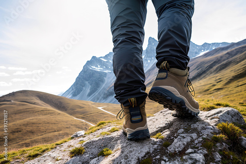 Close-up of the trekking shoes of a hiker crossing a mountainous area at the top of a hill. Generative AI.