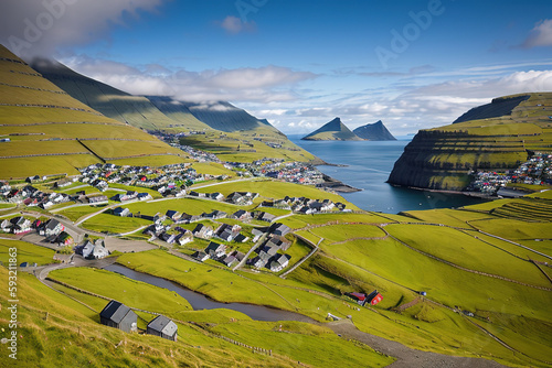 Panoramic view into the bay, Faroe Islands Generative AI.