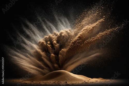 abstract cloud of sand. Splashes of brown sand against a dark background. burst of brown dust. Generative AI