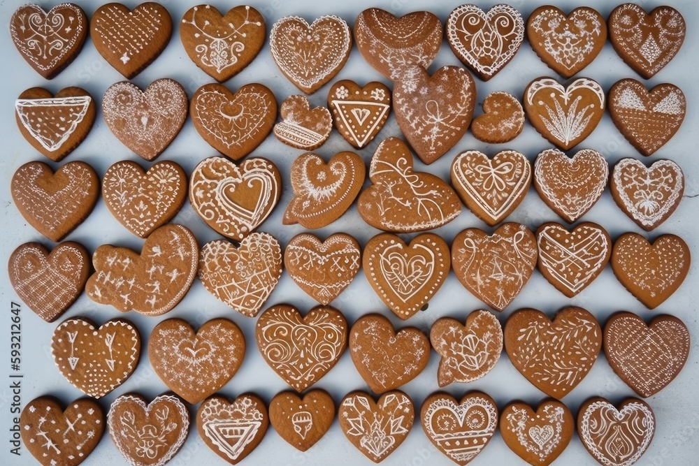 Gingerbread biscuits decorated for Christmas, top view and flat lay. Generative AI Gingerbread biscuits decorated for Christmas, top view and flat lay. Generative AI