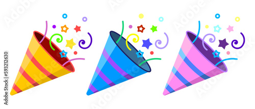 Set of confetti party popper icons. Fireworks icons. Badges for design for the holiday. Vector illustration isolated on white background.