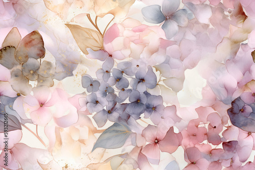 Seamless floral pattern background with delicate watercolor hydrangeas in pastel lilac and pink tones. Generative AI.