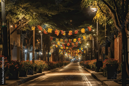 Festive Street Decorated With Colombian Flags, Lights, And Flowers. Generative AI