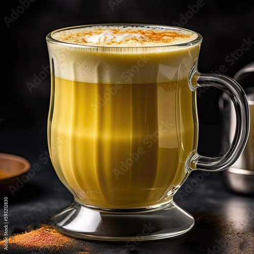 Golden Milk Latte In Clear Glass Mug With Frothy Milk On Top. Generative AI photo