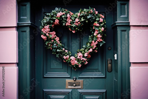 Heartshaped Wreath On Door. Generative AI photo