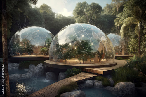 Hotel With Biodome Ecosystem For Outdoor Recreational Activities. Generative AI photo