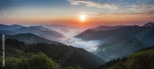 Picturesque panorama of mountains in fog and cloudsin a beautiful sunrise light. Based on Generative AI