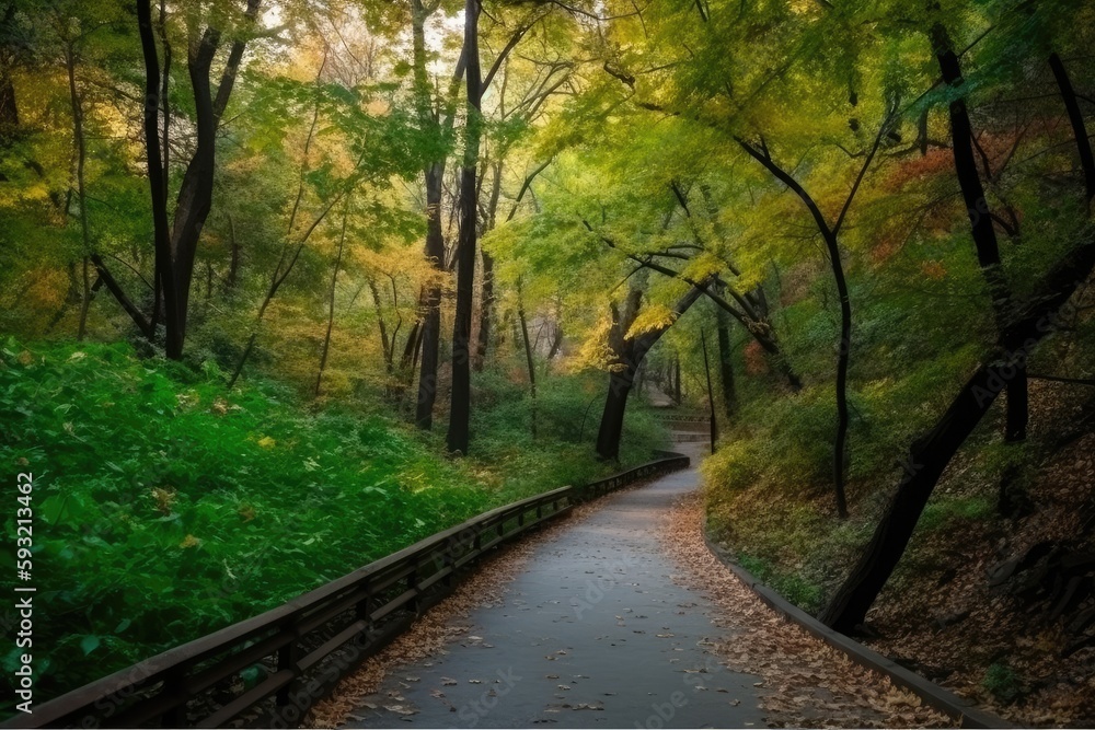 Beautiful picture of a park path with trees on either side of it. Generative AI Beautiful picture of a park path with trees on either side of it. Generative AI