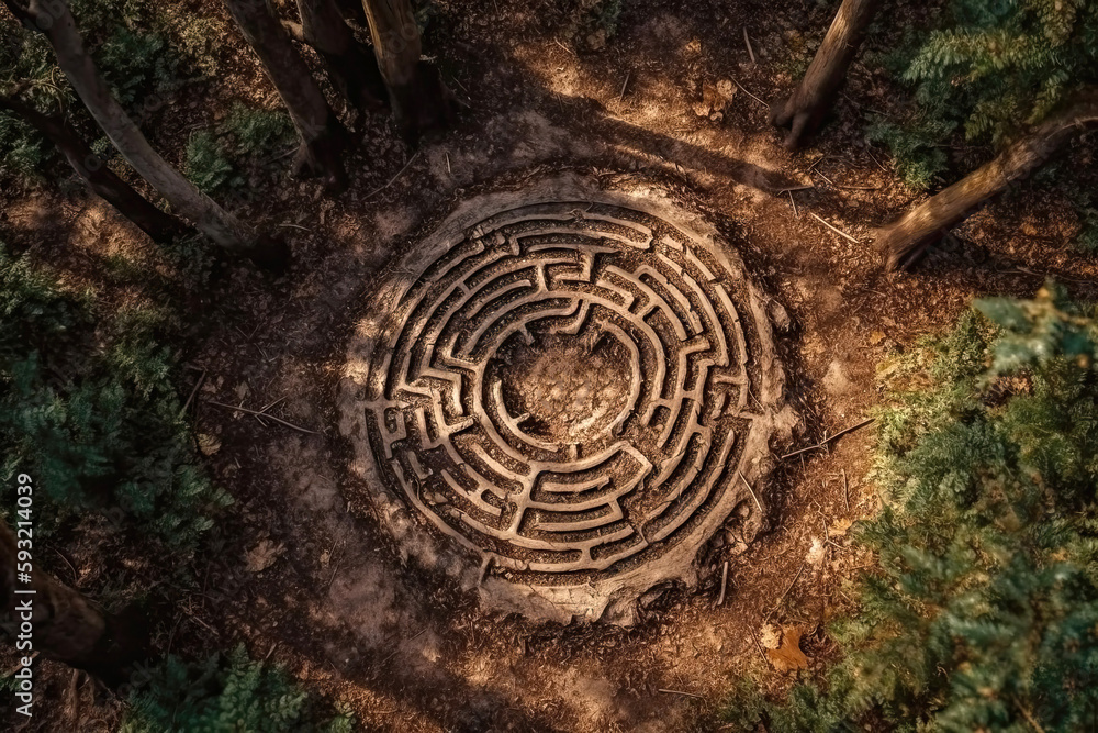 Labyrinth Carved Into Tree Trunk Top View. Generative AI