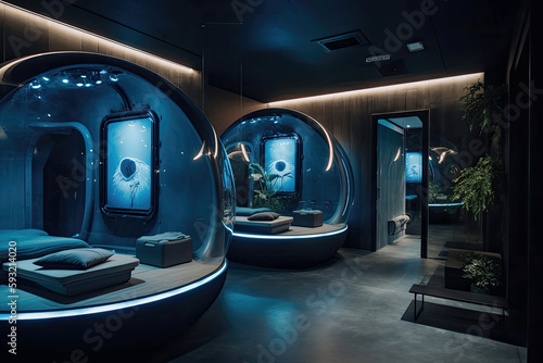 Hotel With Zerogravity Meditation Room And Sensory Deprivation Tanks. Future. Generative AI photo