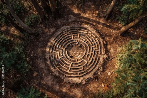 Labyrinth Carved Into Tree Trunk Top View. Generative AI