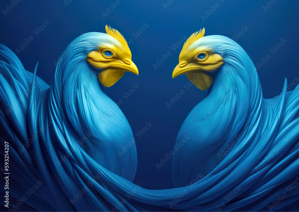 Obraz premium Two cool chickens pose. Despite being in an unfamiliar environment, the animal feels good. AI generated illustration.