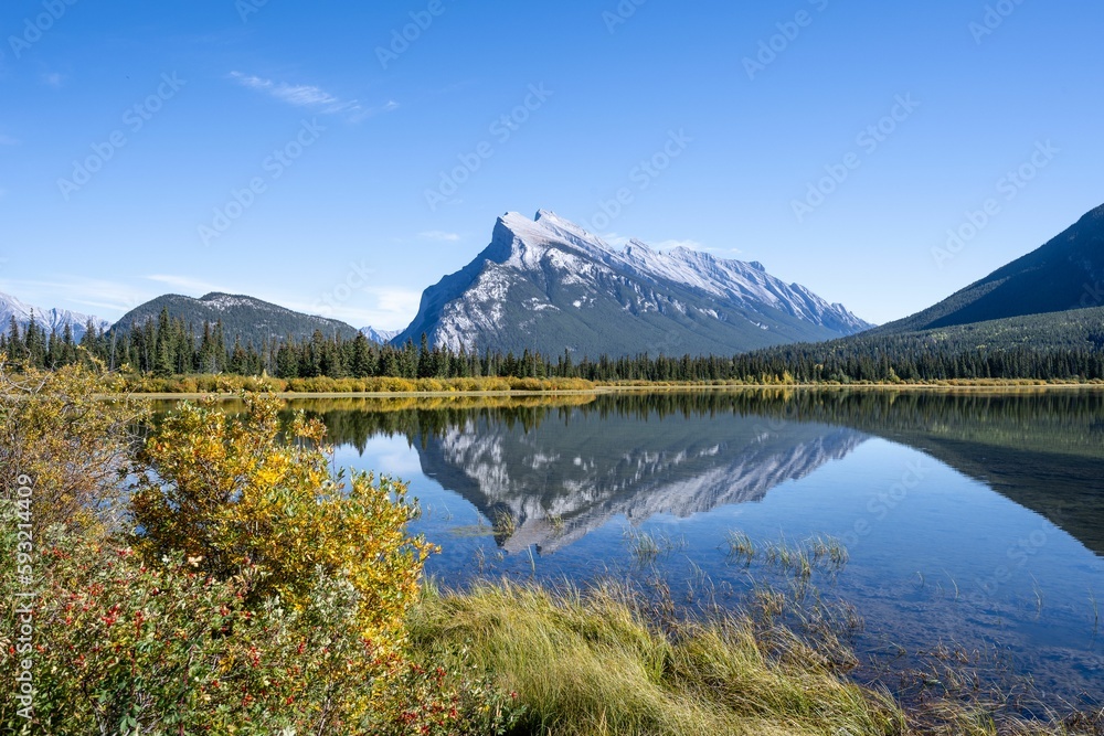 Scenic view of the beautiful mount Rundle and the Vermillion lake located in Canada