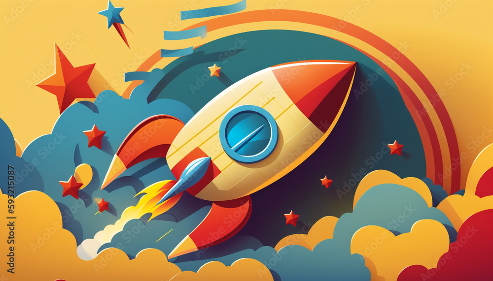 Childrens illustration cartoon of red, blue and yellow rocket on yellow background.