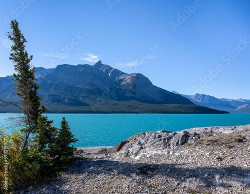 Scenic Abraham Lake with rocky mountains in the background in Alberta, Canada