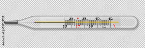 Glass medical mercury thermometer. Traditional thermometer. Vector illustration.