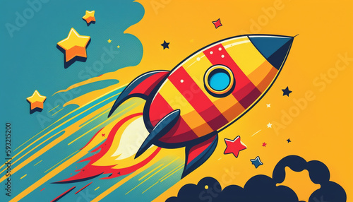 Childrens illustration cartoon of red  blue and yellow rocket on yellow background.