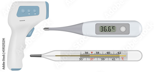 Set of thermometers. Various types of medical devices that measure human body temperature, mercury, glass, plastic, electronic and non-contact. Vector illustration.