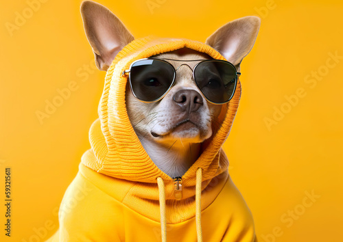 Cool chihuahua poses in the photo studio. Despite being in an unfamiliar environment, the animal feels good. AI generated illustration. © Czintos Ödön