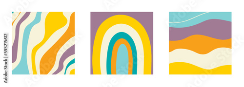 Set of square backgrounds for social media posts. Retro groovy wavy multicolored pattern. Abstract irregular shapes and lines. Rainbow. Vector illustration
