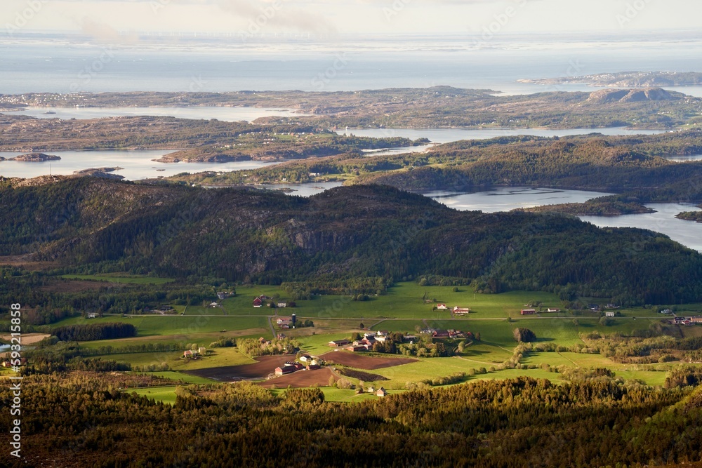 Beautiful landscape of a coastline and a village in Norway,  Atlantic Ocean Road