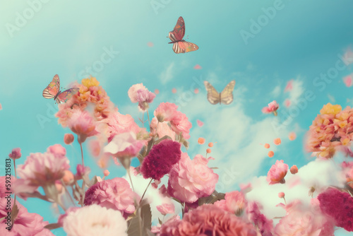pink valentine peony flying flower blue pastel nature art falling. Generative AI.