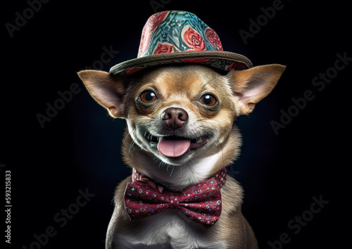 Cool chihuahua poses in the photo studio. Despite being in an unfamiliar environment, the animal feels good. AI generated illustration. © Czintos Ödön