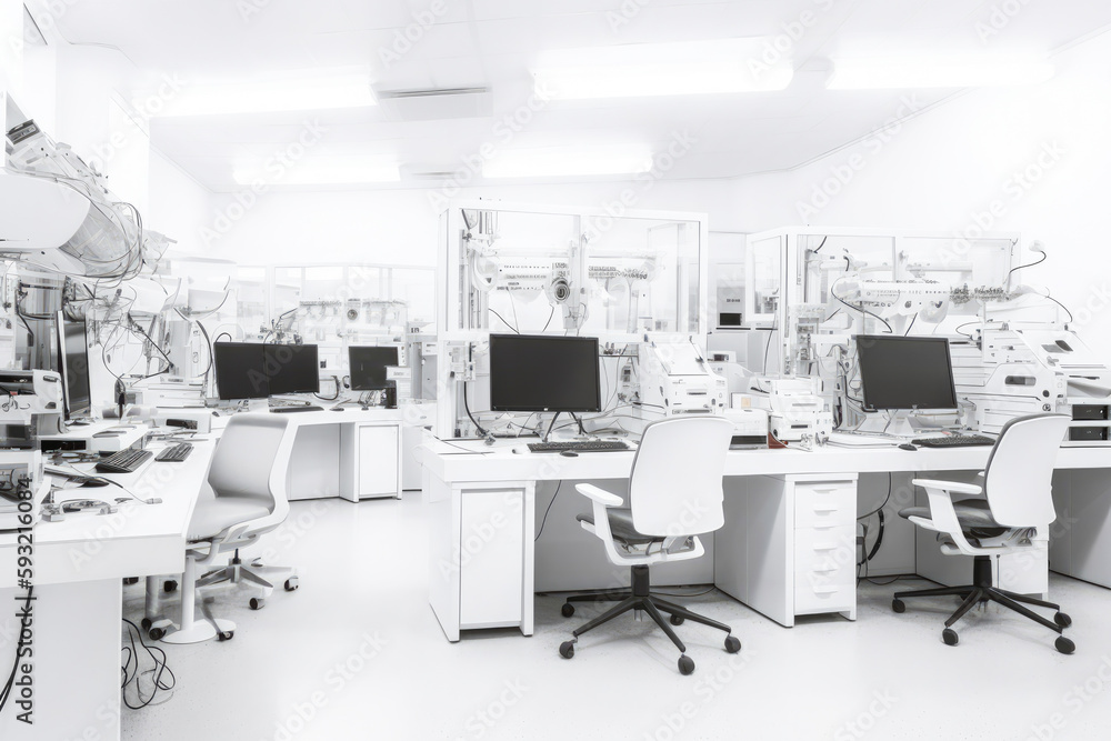 Modern software research laboratory, white walls and high key interior. Modern office interior design. High quality generative ai Modern software research laboratory, white walls and high key interior. Modern office interior design. High quality generative ai