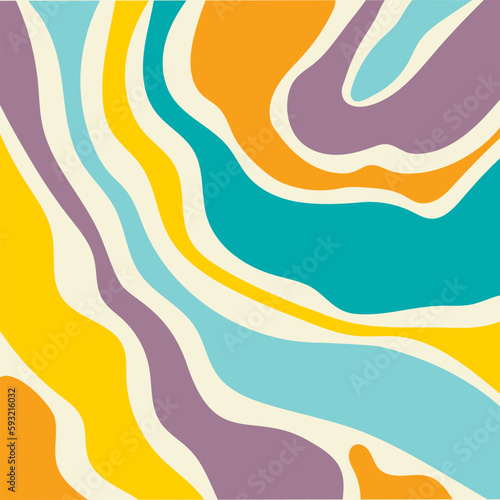 Abstract vintage poster of colorful wavy lines and shapes. Summer bright background. Groovy psychedelic curved waves. Vector illustration