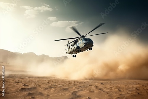 Fotótapéta military chopper crosses crosses fire and smoke in the desert, wide poster design with copy space area