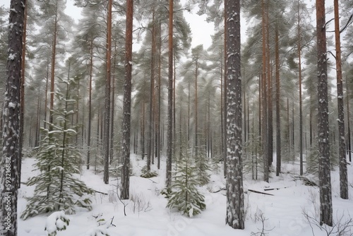 Wintertime nature in a snowy woodland. snowy scenery in winter. snow-covered winter woodland scenery. Winter scene. Generative AI