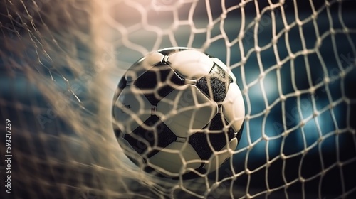 soccer ball in the net, selective focus Generative AI