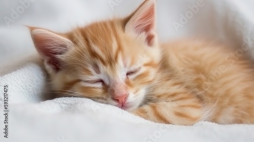 Cute little red kitten sleeps on fur white blanket Generative AI