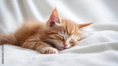 Cute little red kitten sleeps on fur white blanket Generative AI