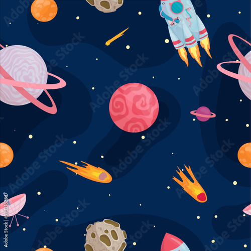 UFOs, spaceships, rockets. Solar system, intergalactic travel. Galaxies, planets, asteroids, comets, shooting stars. Vector illustration in cartoon style on a white background.
