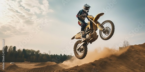 Fotografie, Obraz jumping mountain motocross race biker in action, by ai generative