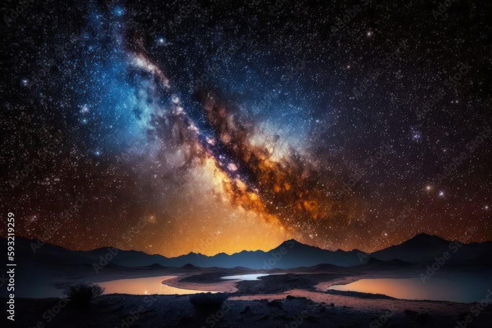 Fototapeta premium Milky way galaxy with stars and space dust in the universe, long speed exposure, Night landscape with colorful Milky Way, Starry sky at summer, Beautiful Universe, Space background. Generative AI