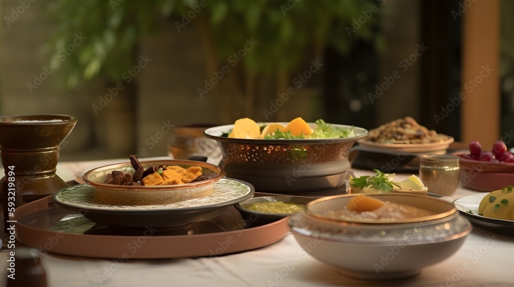 A table filled with Eid and Ramadan food represents the culinary traditions of the Islamic holy month, and is a symbol of communal gathering, hospitality, and celebration, AI Generated A table filled with Eid and Ramadan food represents the culinary traditions of the Islamic holy month, and is a symbol of communal gathering, hospitality, and celebration, AI Generated