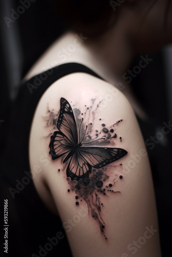 Tattoo Schmetterling auf menschlichem Arm. Hochkant. Generative Ai. photo